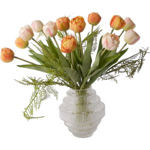 WinQ- Tulpen kunst 14st - Boeket kunst Tulpen 38cm - 14 tulpen - Kunstbloemen Boeket Oranje en rose - zijden bloemen - Exclusief glasvaas