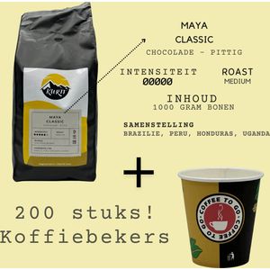KURTT - Koffiebonen 1KG + 200 stuks kartonnen koffiebekers to go ! 180ml - Maya Classic - Chocolade - Pittig - Medium Roast - Koffiebonen proefpakket - Koffiezetapparaat - Koffiemachine - Koffiebonen - koffiebekers