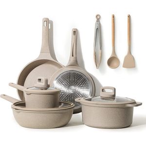 11-delige Pannenset,Bestaande uit een pan van 24/28cm Braadpannen,28cm Wokpan en 16/24cm Sauspannen met deksel,Siliconen Bestek, Steaktang,niet giftig,Compatibel met Alle Fornuizen