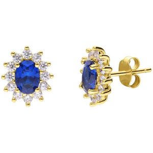 Lucardi Dames Zilveren goldpalted oorbellen met blauwe steen en zirkonia - Oorbellen - 925 Zilver - Goudkleurig