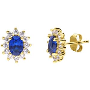 Lucardi Dames Zilveren goldpalted oorbellen met blauwe steen en zirkonia - Oorbellen - 925 Zilver - Goudkleurig
