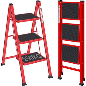3-staps ladder, trapladder, inklapbare kruk, inklapbare kruk voor volwassenen, huishoudtrap, metalen trap, antislip stabiel en breed pedaal, rood.