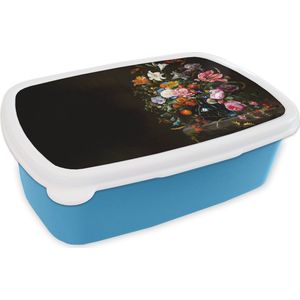 Broodtrommel Blauw - Lunchbox Oude meesters - Kunst - Vaas met bloemen - Jan Davidsz de Heem - Brooddoos 18x12x6 cm - Brood lunch box - Broodtrommels voor kinderen en volwassenen