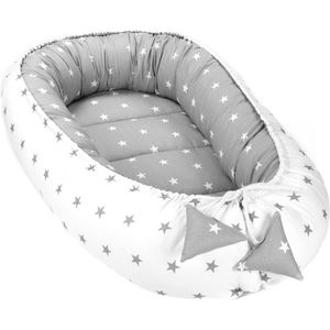 Baby Nest Cocoon Newborn 90 x 50 cm - Handmade Cuddly Nest, Baby Cot Bumper, Made of Cotton, Stars Grey / White