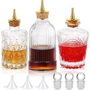 Cocktailset Vintage Glazen Dasher Bitterflessen Set van 3 - Cocktailwhisky Mengdrankdispenser met Kurk - Roestvrij Staal - Antiek Professionele Bar Restaurantware Keuken