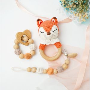 IL BAMBINI set: Rammelaar, Bijtring & Speenkoord - Vos - Handgemaakt - Hout & Wol - Babycadeau - Kraamcadeau - Baby bijtspeelgoed 0-2 jaar