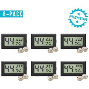 Qitch&Quisine - Hygro - Vochtmeter - Hygrometer - Hygrometer Met Batterijen - Zwart - Inclusief Thermometer - Digitale Luchtvochtigheidsmeter - Voor Binnen & Buiten - 2 in 1 - Set van 6