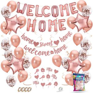 Fissaly Welkom Thuis Rose Goud Versiering – Welcome Home Decoratie - Suprise Party – Inclusief Ballonnen, Slingers, Vlaggenlijn, Caketoppers & Accessoires