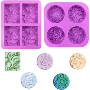 Silicone Zeep Mallen - 4 Holte Set Herbruikbare Zeep Gietmallen voor DIY Taart Bakken Pudding Chocolade (Bloem)