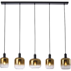 Moderne glazen hanglamp Dentro | eettafellamp | goud / zwart / transparant | vijf lichtpunten | glas / metaal | L 120 cm | H 140 cm | woonkamer lamp / eetkamer lamp | modern design