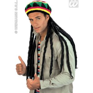 Widmann - Bob Marley & Reggae & Rasta Kostuum - Rastamuts Met Extra Lange Dread-Locks - Zwart - Carnavalskleding - Verkleedkleding
