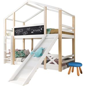 Merax Stapelbed 90x200cm - Hoogslaper met Glijbaan en ladder - Bed voor Kinderen - Wit met Bruin