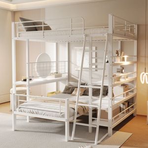 Stapelbed metalen frame hoogslaper 140*200, multifunctioneel bed met meerdere opbergvakken, wit