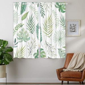 Ondoorzichtige gordijnen, groene palmbladeren, 180 x 140 cm, set van 2 verduisteringsgordijnen met oogjes voor slaapkamer, woonkamer