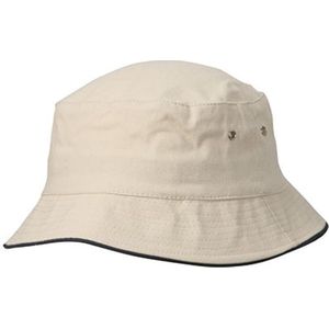 Vissershoedje zandkleur met navy blue randje | bucket hat | zonnehoedje van katoen | L/XL