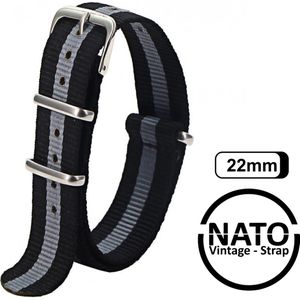 22mm Premium Nato Strap Zwart Grijs - Vintage James Bond - Nato Strap collectie - Mannen - Vrouwen - Horlogeband - 22 mm bandbreedte voor oa. Seiko Rolex Omega Casio en Citizen