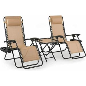 Asaam Garden ligstoelset met tafel- Opklapbaar- Verstelbaar,- Zero Gravity fauteuil- Stoel, binnen/buiten- Camping Stoel-Strandstoel-Beige