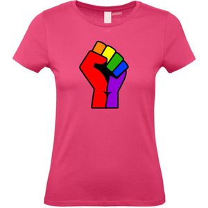 Dames T-shirt Regenboog Vuist | Gay pride shirt kleding | Regenboog kleuren | LGBTQ | Roze dames | maat S