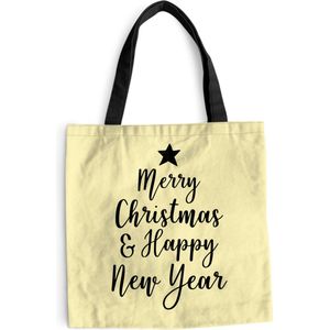 MuchoWow® Schoudertas - Strandtas - Big Shopper - Boodschappentas - Kerst quote ""Merry Christmas & Happy New Year"" op een gele achtergrond - 40x40 cm - Katoenen tas