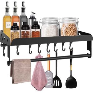Kruidenrek voor aan de muur zonder boren, met 8 haken, kruidenrek, hangend roestvrij staal, keukenrek, muur, 304 roestvrij staal, hangende keuken, voor badkamer en keuken (40 cm, zwart)