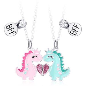 Bixorp Friends BFF Ketting voor 2 met Dinosaurussen - Zilverkleurig - Roze & Blauw - Magnetische Vriendschapsketting - Twee Helften Best Friends - Vriendschap Cadeau voor Twee