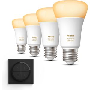 Philips Hue Uitbreidingspakket - E27 - met 4 Standaard Lampen - Warm tot Koelwit Licht - Incl. 1 Hue Dial Switch (Zwart) - Hue White Ambiance