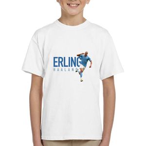 Kinder shirt met tekst- Kinder T-Shirt - Wit - Maat 134/140 - T-Shirt leeftijd 9 tot 10 jaar - Grappige teksten - Cadeau - Shirt cadeau -Erling Haaland - voetbal shirt - Blauwe tekst