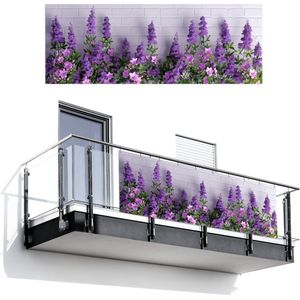 Balkonscherm 300x110 cm - Balkonposter Bloemen - Planten - Paars - Groen - Wit - Balkon scherm decoratie - Balkonschermen - Balkondoek zonnescherm