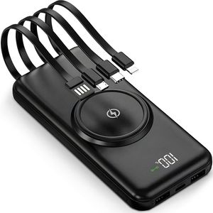 NEXTGEN24© Powerbank 20.000 mAh - Powerbank - Powerbanks - Magnetische Powerbank - Ingebouwde Kabels - LED Display - Snellader - Draadloos opladen - USB A - USB-C - Lightning - Micro USB - Geschikt voor iPhone en Samsung - Zwart