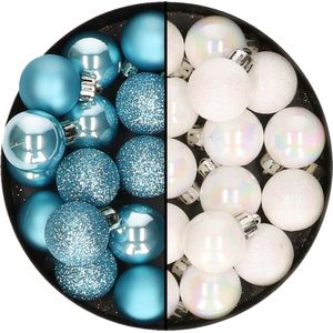 Decoris kleine kerstballen - 28x st - parelmoer wit en ijsblauw - 3 cm - kunststof