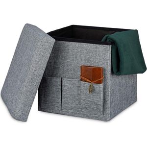 Opvouwbare poef 38 x 38 x 38 cm met zijvakken en deksel - Grijs opberg hocker voor woonkamer Kruk met opbergruimte