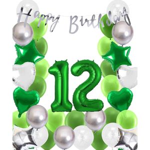 Snoes Ballonnen 12 Jaar Wit Groen Zilver Mega Ballon - Compleet Feestpakket 12 Jaar - Verjaardag Versiering Slinger Happy Birthday – Folieballon – Latex Ballonnen - Helium Ballonnen