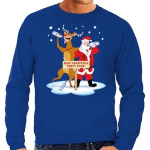 Grote maten foute kersttrui / sweater dronken kerstman en rendier Rudolf - blauw voor heren - Kersttruien / Kerst outfit XXXL