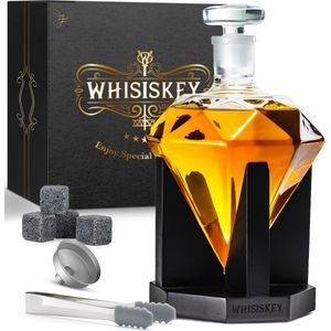 Whisiskey Whiskey Karaf - Diamant- Luxe Whisky Karaf Set - 0,9 L - Decanteer karaf - Whiskey Set - Incl. 4 Whiskey Stones & Schenktuit - Peaky Blinders