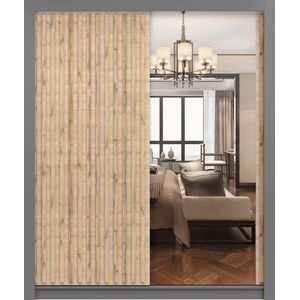 Kledingkast LINX 200 cm - 2-deurs schuifdeurkast met spiegel en houtlamellen - Moderne garderobekast voor slaapkamer of woonkamer (Grijs + Sonoma)