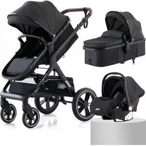 X-Qlusive Premium 3-in-1 Kinderwagen - Draagbaar, Opvouwbaar, met Vering - Aluminium Frame - Inclusief Autostoel - Kwalitatieve Buggy voor Pasgeboren Baby - Luxe Multifunctionele Combi Kinderwagen - Zwart