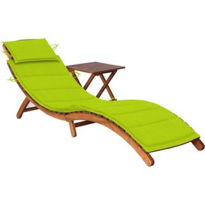 The Living Store Houten ligbed - Comfortabel ligbed van massief acaciahout - Inclusief tafel en kussen - Afmetingen 184 x 55 x 64 cm - Helder groene kleur kussen - Geen montage vereist