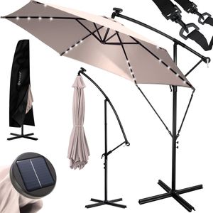 KESSER® Zweefparasol met LED Solar Verlichting en voet 300cm x 300cm - Parasol 360° Draaibaar Incl. Beschermhoes Tuinparasol Zonne-energie - Taupe Ø 3m
