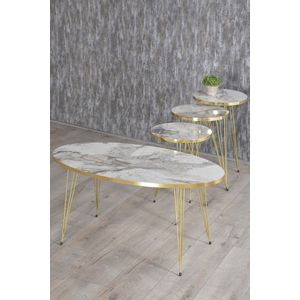 Salontafel Set - Marmeren look - Set van 4 - Wit Luxe design - Marmer - Bijzettafel - Sofa Tafel Ovaal - Woonkamer Tafel - Salon tafel - Bijzettafel en Salontafel - Elips Set Goud Efes