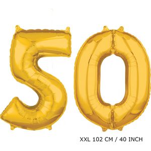 50 jaar verjaardag. Mega grote XXL gouden folie ballon cijfer 50 jaar. leeftijd verjaardag 50 jaar. 115 cm 40 inch. Met rietje om ballonnen mee op te blazen. Abraham Sara jubileum