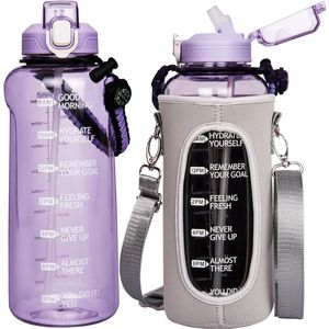 2L Sportwaterfles met rietje en tijdsaanduiding, 2 liter, grote motiverende waterfles met tijd en beschermhoes, BPA-vrij, motiverende sportfles voor fitness en sportschool.