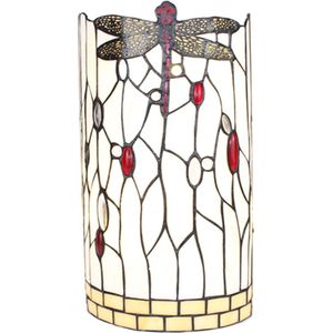 HAES DECO - Wandlamp Tiffany 20x10x36 cm Wit Zwart Glas Metaal Halfrond Libelle Muurlamp Sfeerlamp Glas in Lood