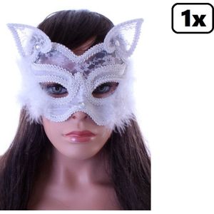 Luxe Oogmasker poes/kat met kant en marabou wit - Themafeest festival party masker