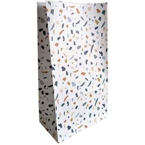 8 x Traktatie XL Papieren Blokbodemzakjes | Blauw Confetti Terrazzo | Cadeauzakjes | 14 x 8 x 26 cm