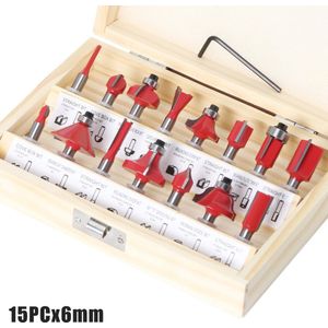 Freesset- 15 stuks 6 mm schacht freesset met wolfraamcarbide punt-met houten kist- houtfrees met dubbele groef-Schachtdiameter 6mm - voor handwerk en doe-het-zelf