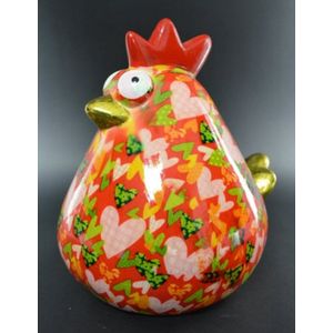 Pomme pidou spaarpot kip Big matilda L-uitvoering rood met gekleurde hartjes