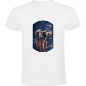 Astronaut luistert muziek Heren T-shirt | dj | play | music | muziek luisteren | radio | bandje | geluid | Wit