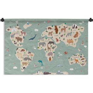 Wandkleed Wereldkaart met dieren - Groene wereldkaart met dieren Wandkleed katoen 120x80 cm - Wandtapijt met foto