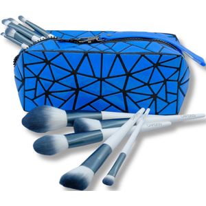 CAIRSKIN Silver Blue Professional Makeup 10 Brushes Set + Blue Beauty Etui - Visagie Kwasten - High Quality Makeup Brushes - Feather Highlighting - Blending Brushes - Face Makeup Application - Eyebrow & Crease Pencils