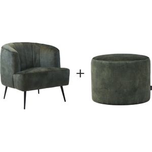 Bronx71® Velvet fauteuil Billy en velvet poef Beau donkergroen